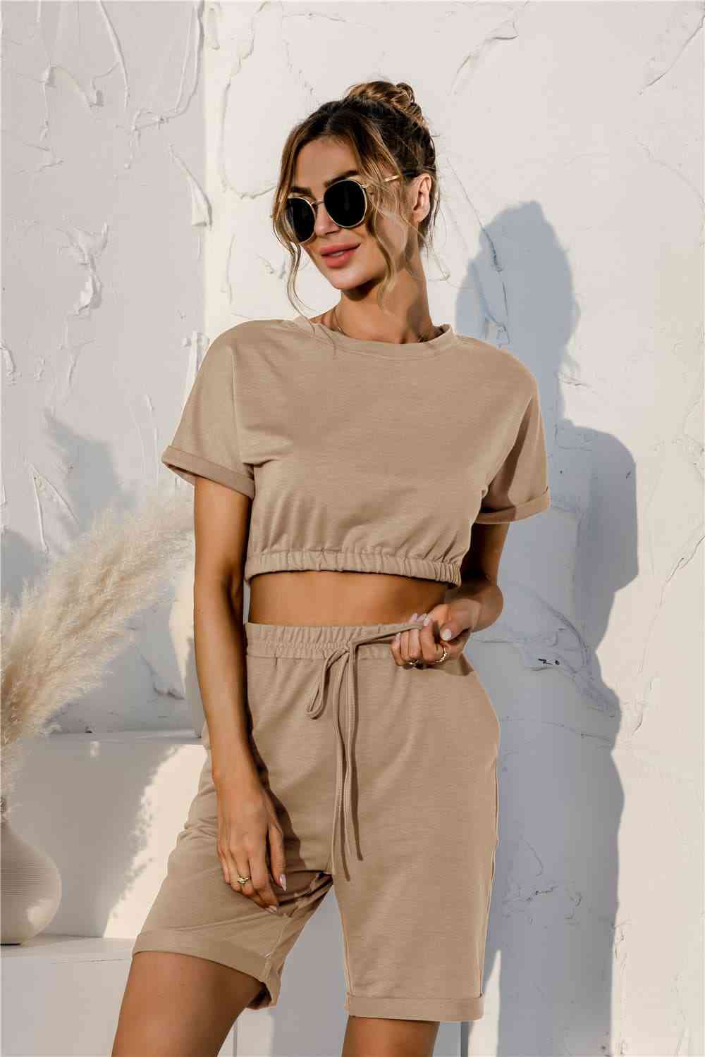 Short Sleeve Cropped Top and Drawstring Shorts Lounge Set  Shop One Place