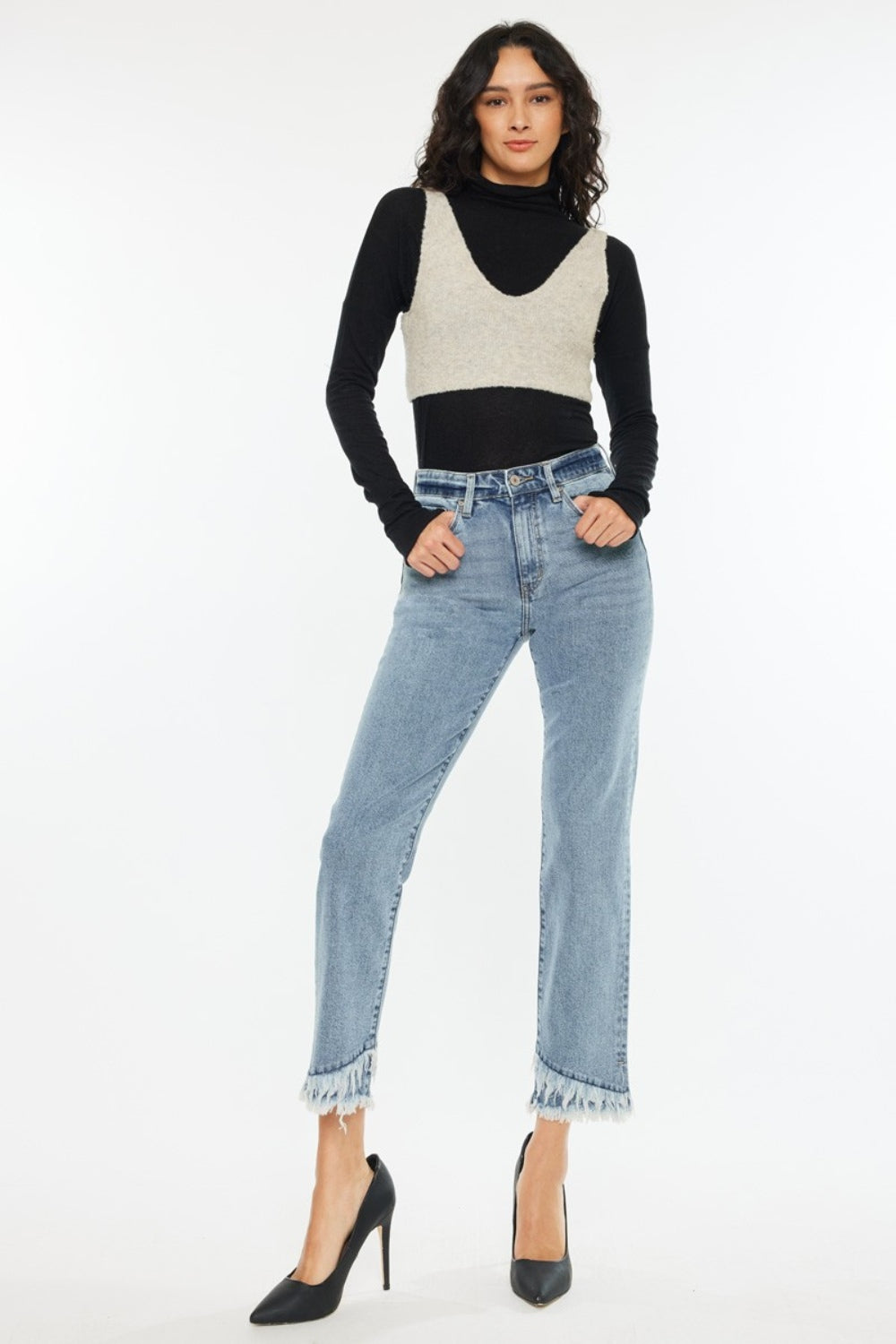 Jeans Kancan de tiro alto y pierna recta con dobladillo sin rematar