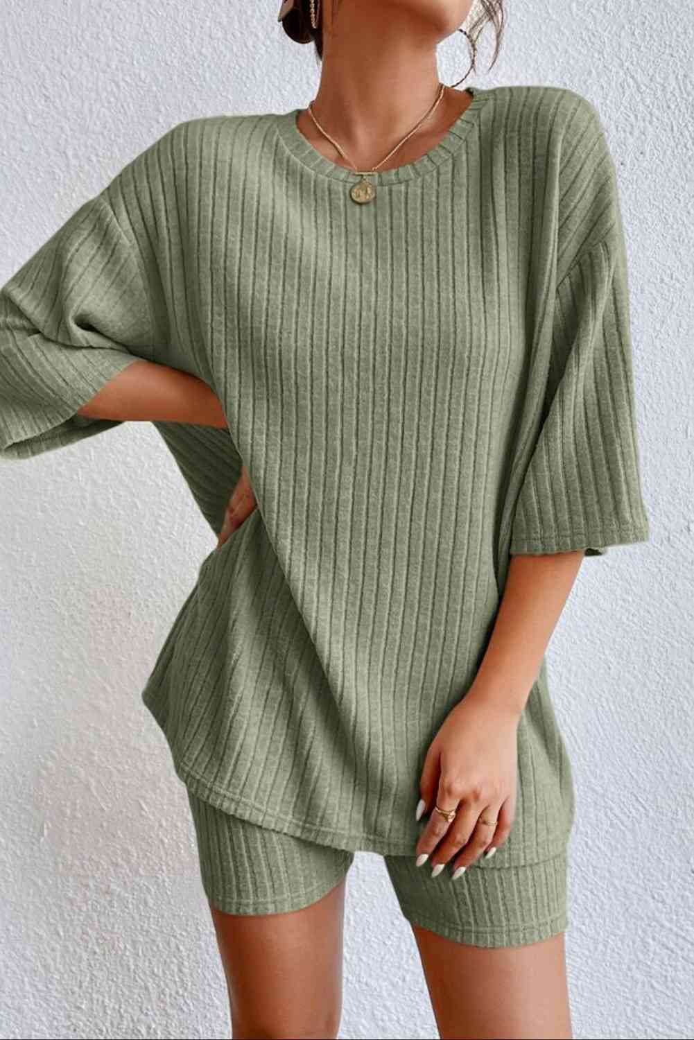 Round Neck Ribbed Top and Shorts Lounge Set  Shop One Place