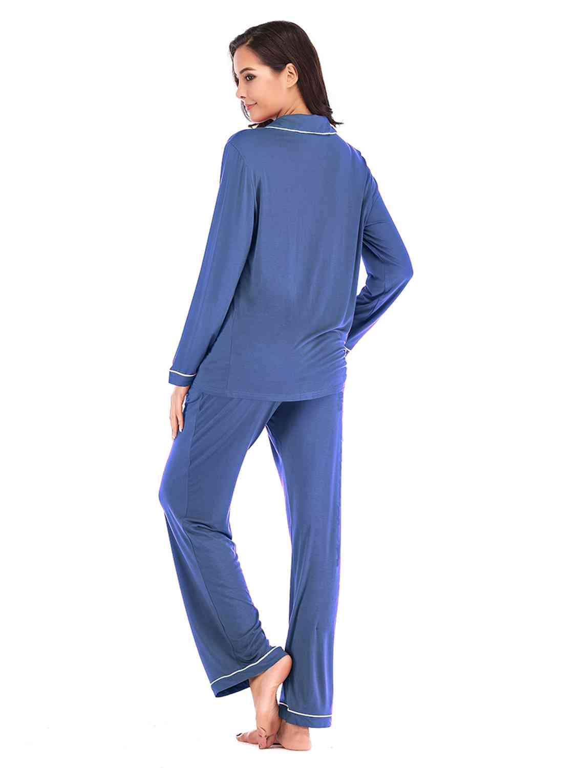 Collared Neck Long Sleeve Loungewear Set with Pockets  Shop One Place
