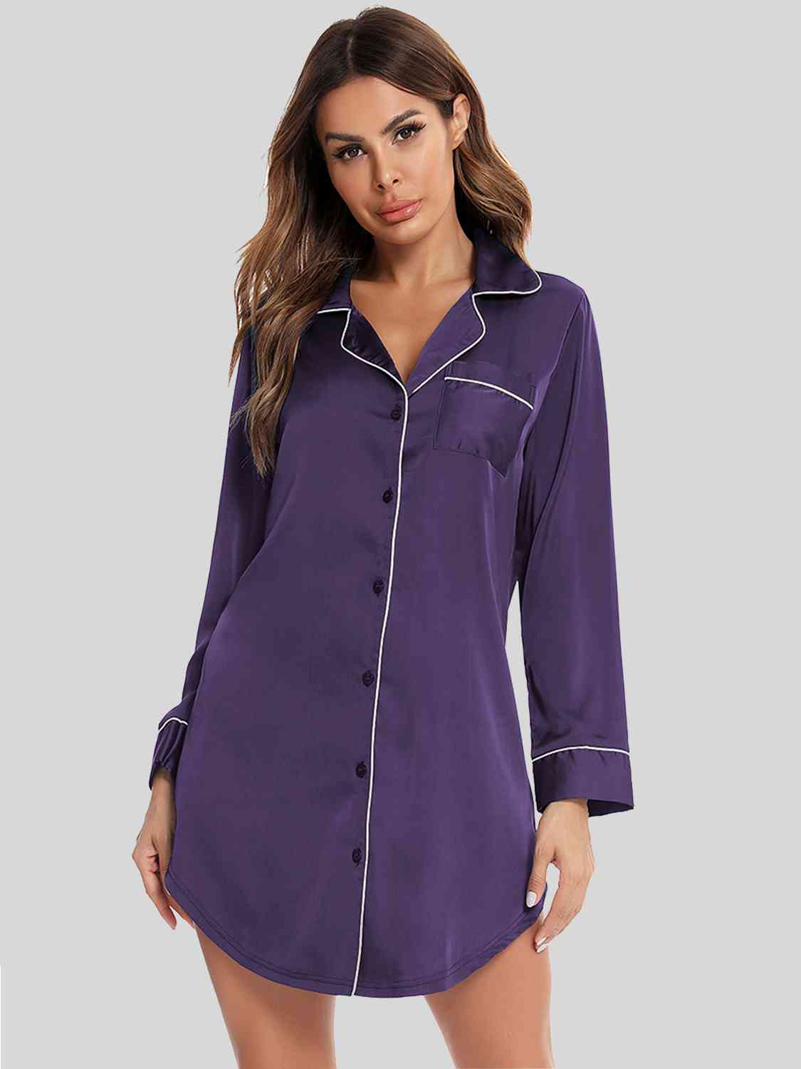 Button Up Lapel Collar Night Dress with Pocket  Shop One Place