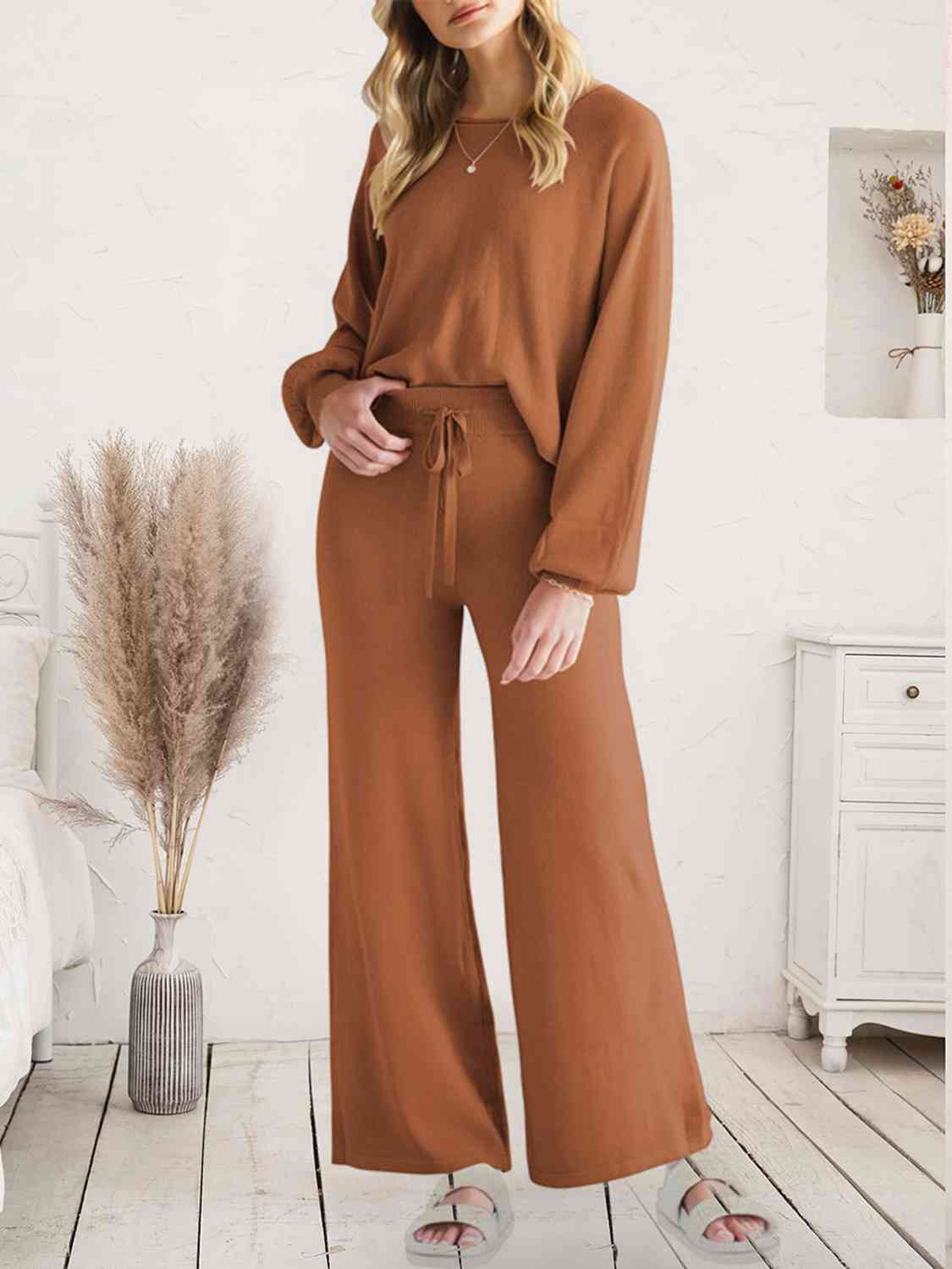 Long Sleeve Lounge Top and Drawstring Pants Set  Shop One Place