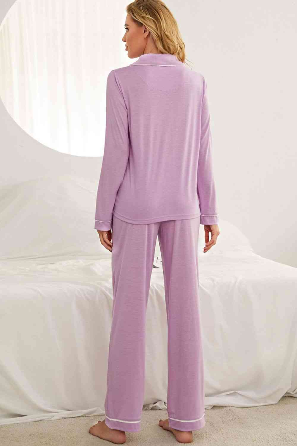 Contrast Piping Button Down Top and Pants Loungewear Set  Shop One Place