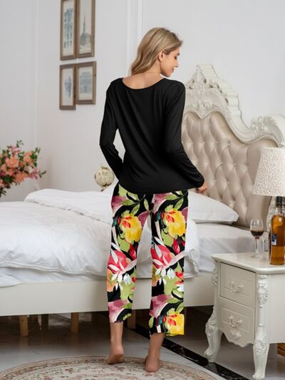 Round Neck Top and Printed Pants Lounge Set  Shop One Place