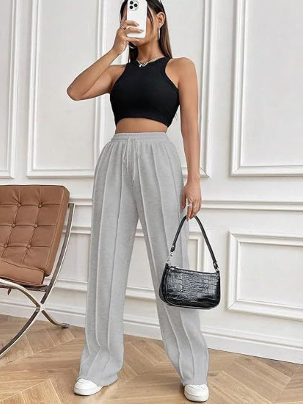Pantalones de pierna ancha con cordón y bolsillos