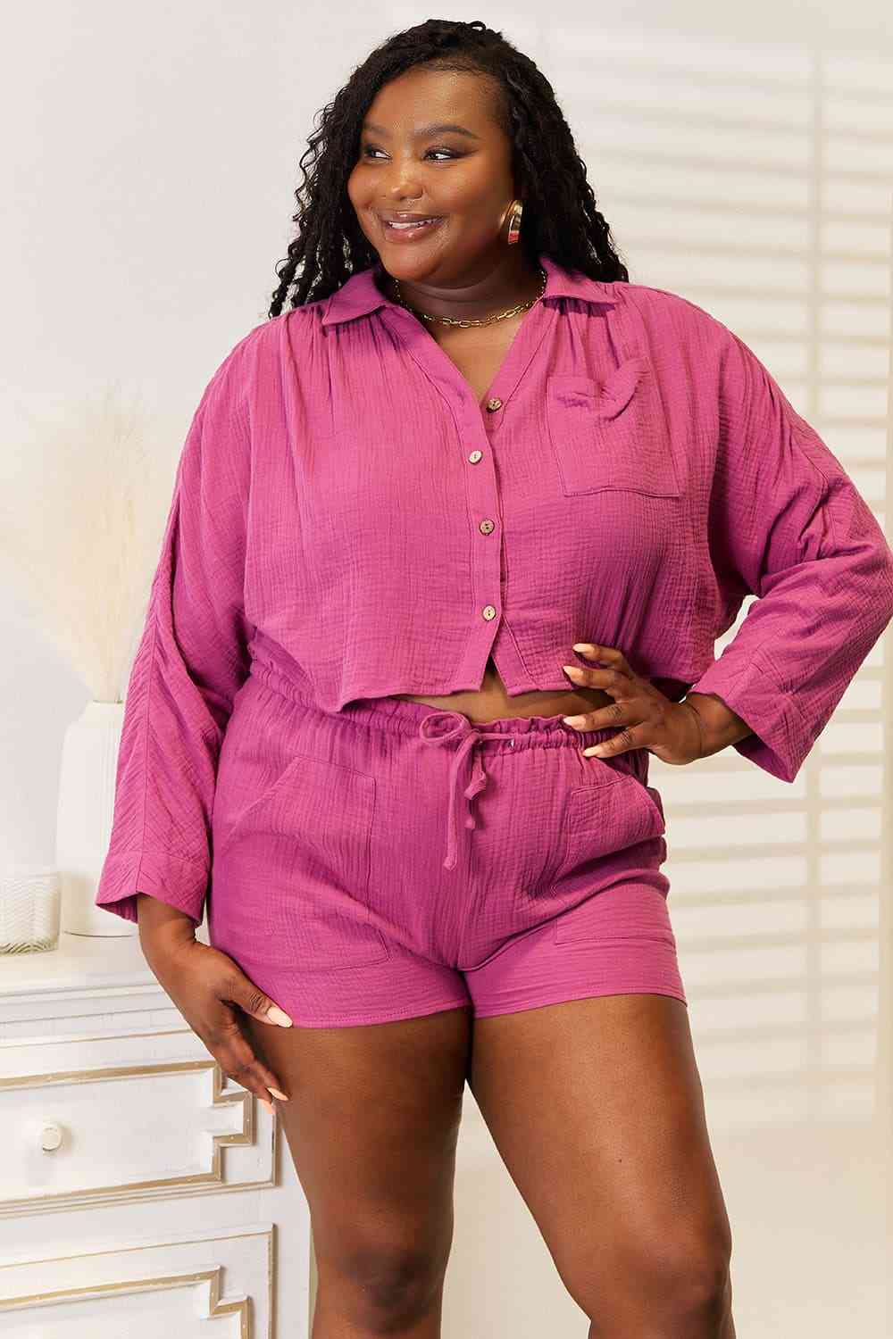 Basic Bae Buttoned Long Sleeve Top and Shorts Set  Shop One Place