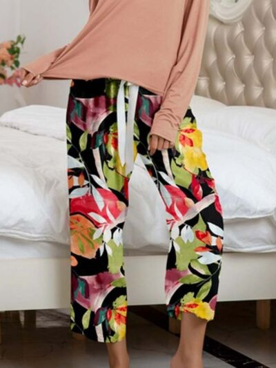 Round Neck Top and Printed Pants Lounge Set  Shop One Place