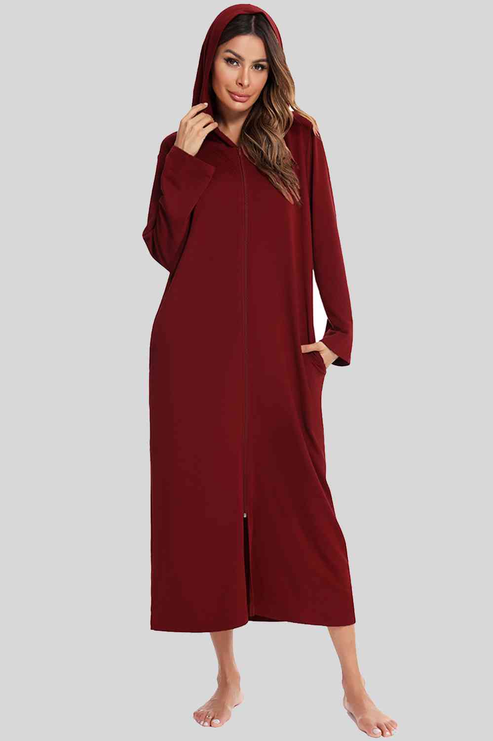 Zip Front Hooded Night Dress with Pockets  Shop One Place