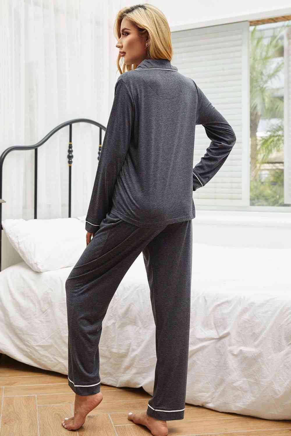 Contrast Piping Button Down Top and Pants Loungewear Set  Shop One Place