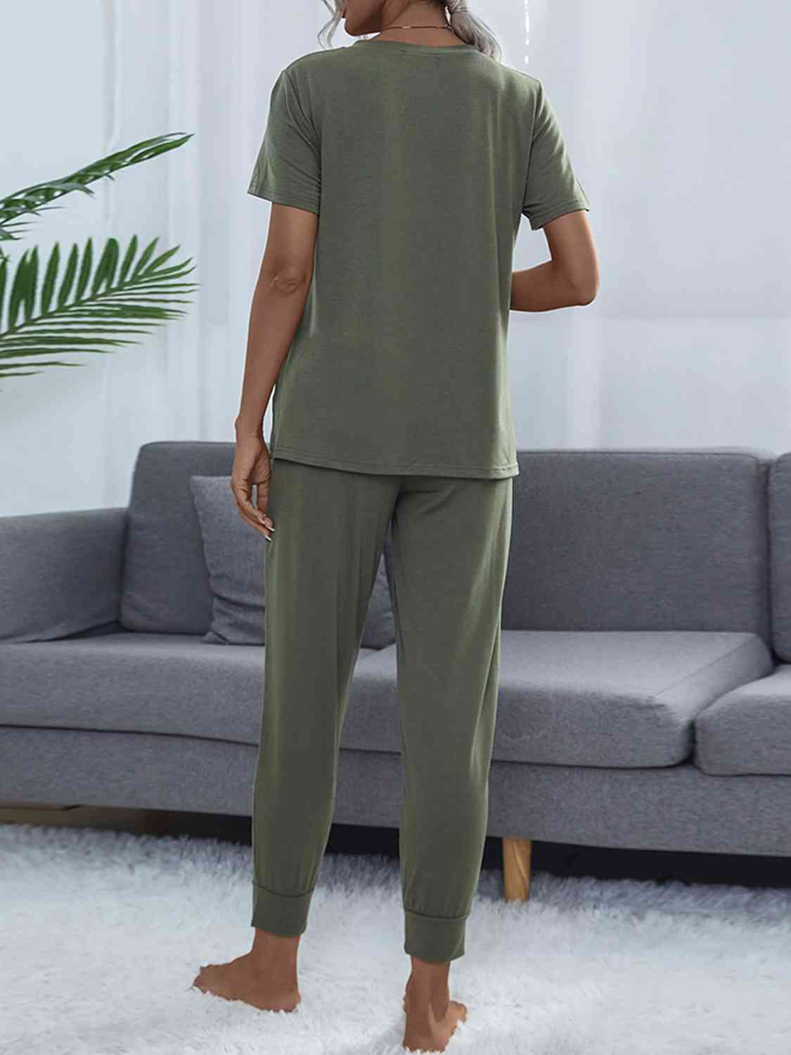 Round Neck Short Sleeve Top and Pants Set  Shop One Place