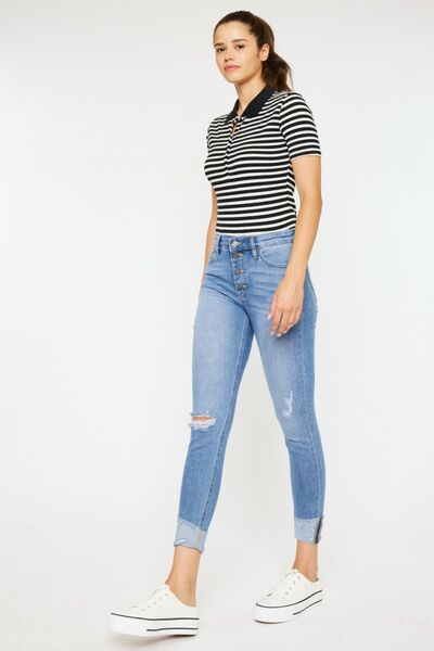 Jeans Kancan desgastados con efecto bigotes de gato y bragueta de botones