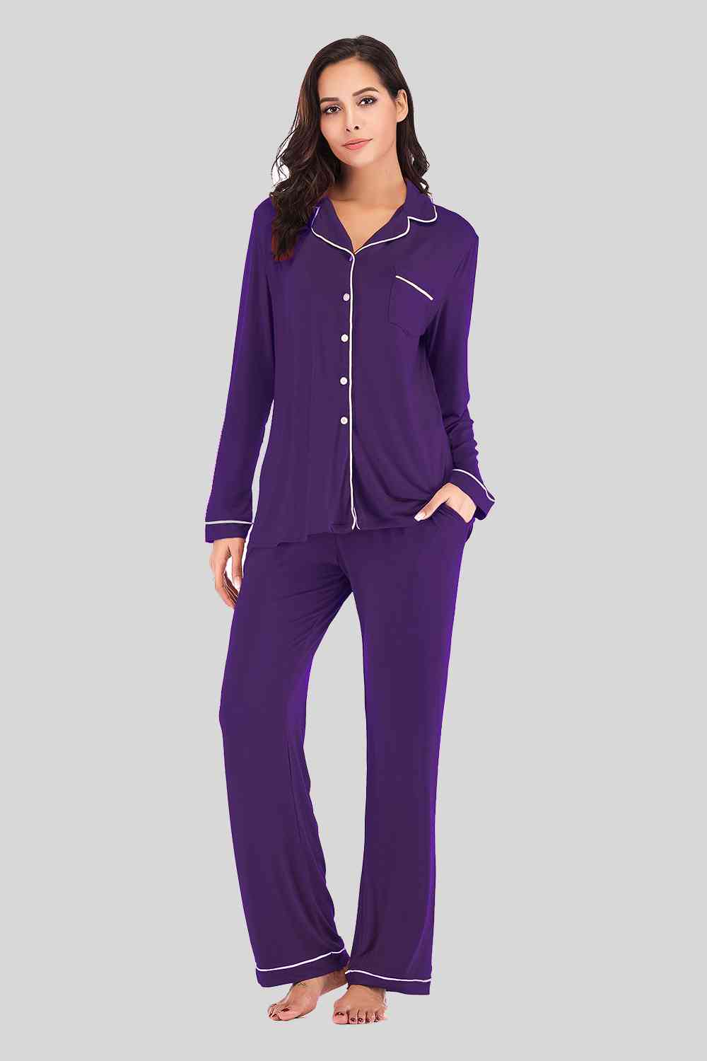 Collared Neck Long Sleeve Loungewear Set with Pockets  Shop One Place