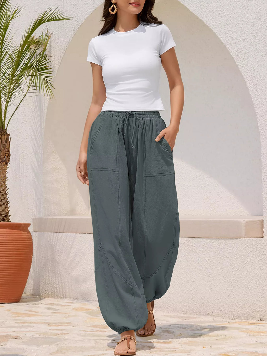 Pantalones jogger harén de ajuste holgado casuales con cordón para mujer