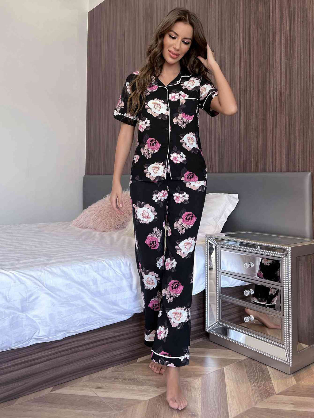 Floral Short Sleeve Shirt and Pants Lounge Set  Shop One Place