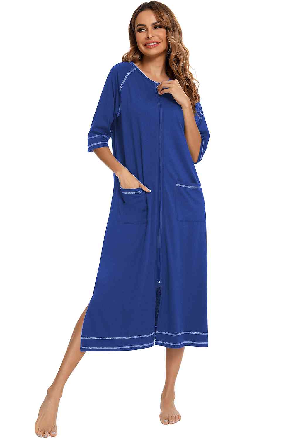Zip Up Slit Round Neck Night Dress with Pockets  Shop One Place