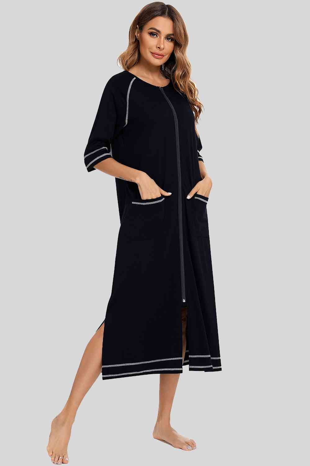 Zip Up Slit Round Neck Night Dress with Pockets  Shop One Place