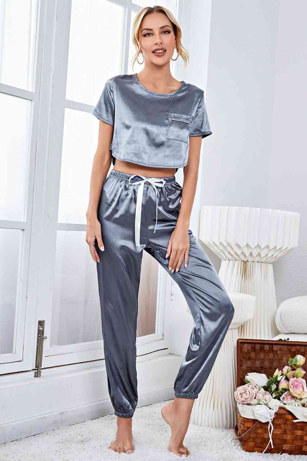 Satin Short Sleeve Crop Top and Joggers Lounge Set  Shop One Place