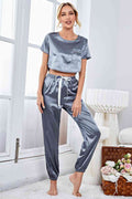 Satin Short Sleeve Crop Top and Joggers Lounge Set  Shop One Place