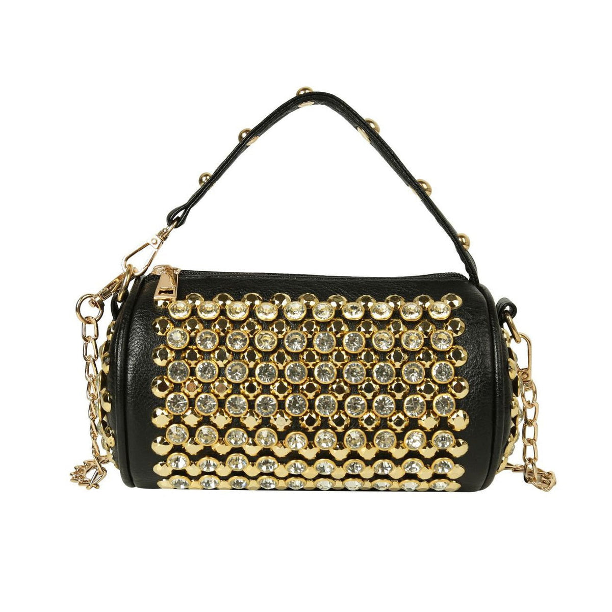 Bolso bandolera con eslogan, pedrería y tachuelas
