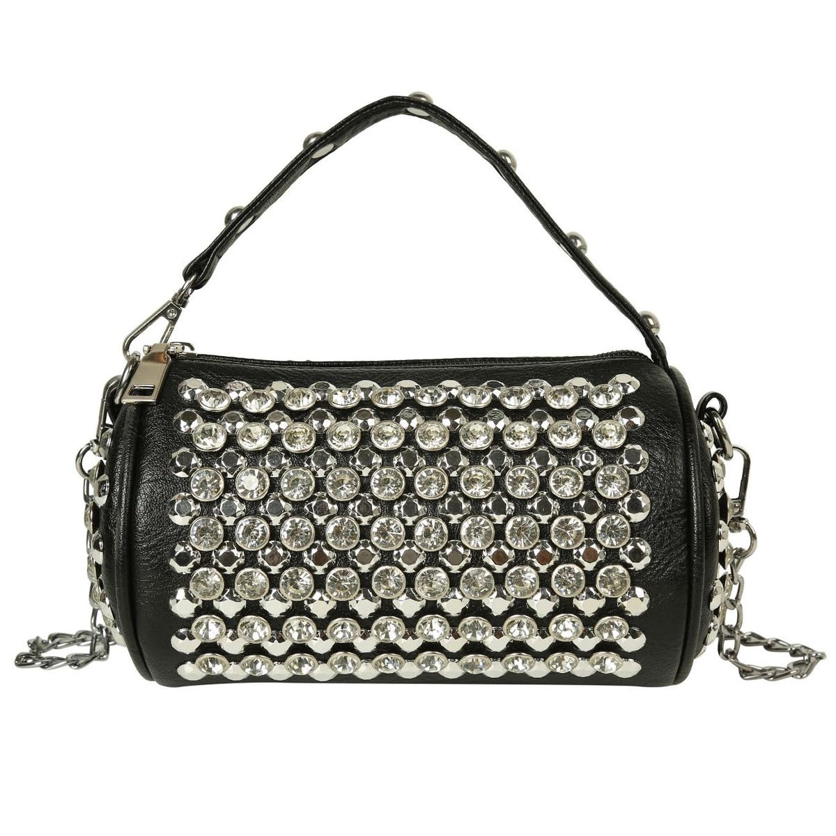 Bolso bandolera con eslogan, pedrería y tachuelas