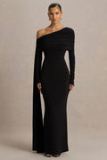 Octavia | Vestido largo negro con escote Bardot, capa y detalles fruncidos
