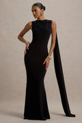 Mia | Vestido largo negro con escote barco y detalle de cinta
