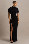 Arlena | Vestido largo negro con escote alto y detalle envolvente